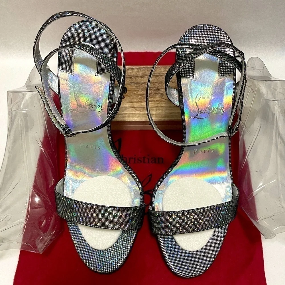 Christian Louboutin LoubiQueen  silver iridescent Glitter disco ball, 100mm EU38